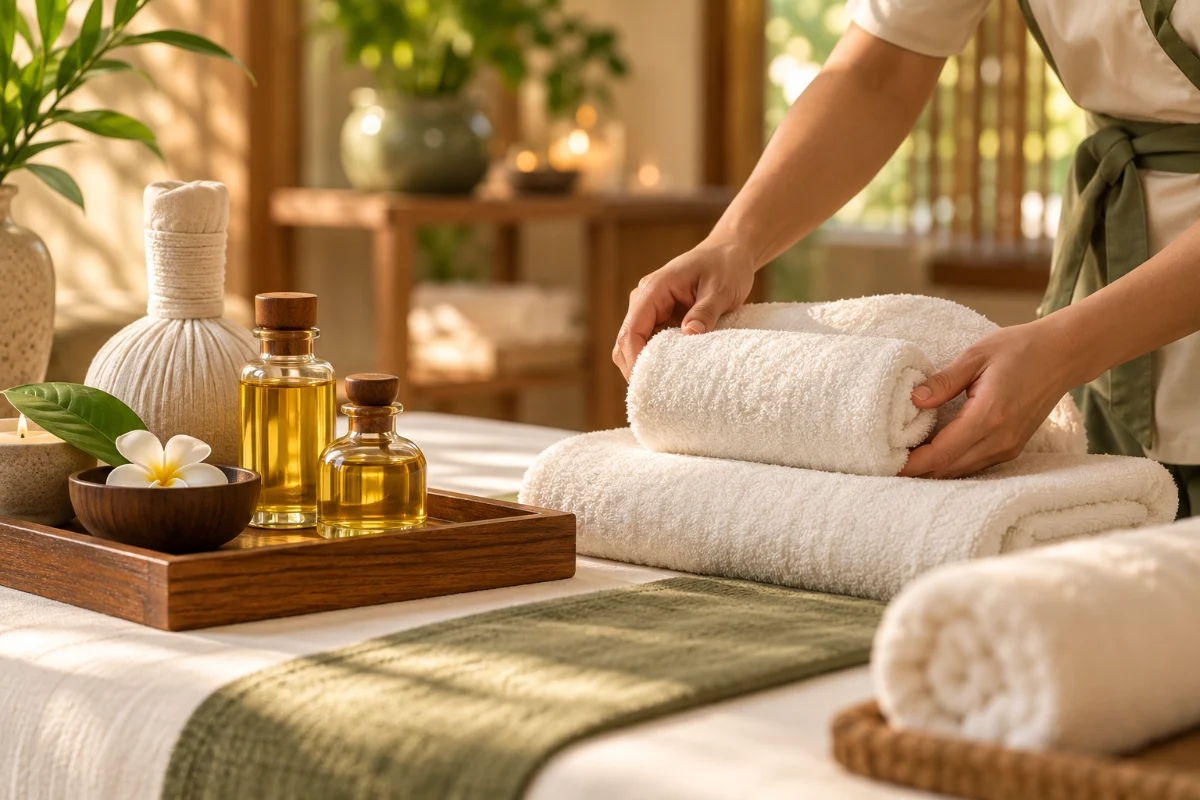 Kỹ thuật viên chuẩn bị khăn và tinh dầu – An Nhiên